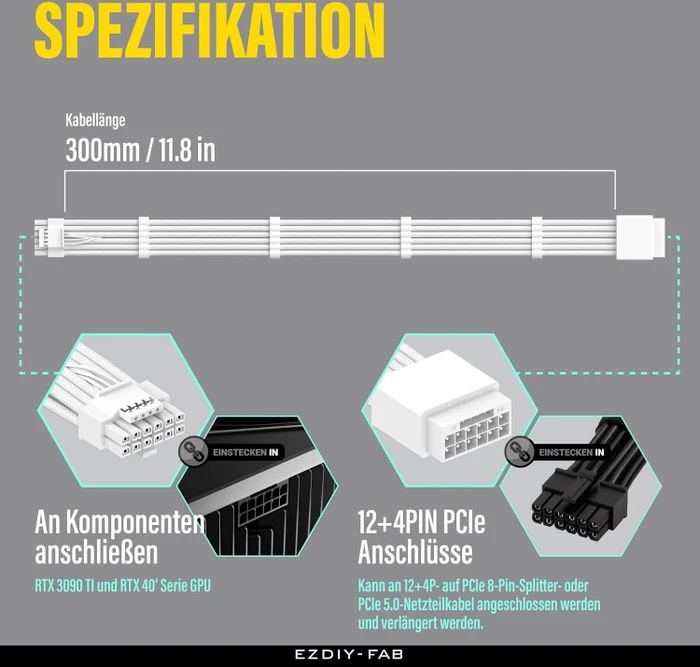 EZDIY-FAB 12VHPWR Kabel, 16-Pin PCIe Verlängerungskabel, 16-Pin PCIe 5.0 12VHPWR Buchse auf 16-Pin PCIe 5.0 12VHPWR Stecker, 16AWG, weiß, 30cm