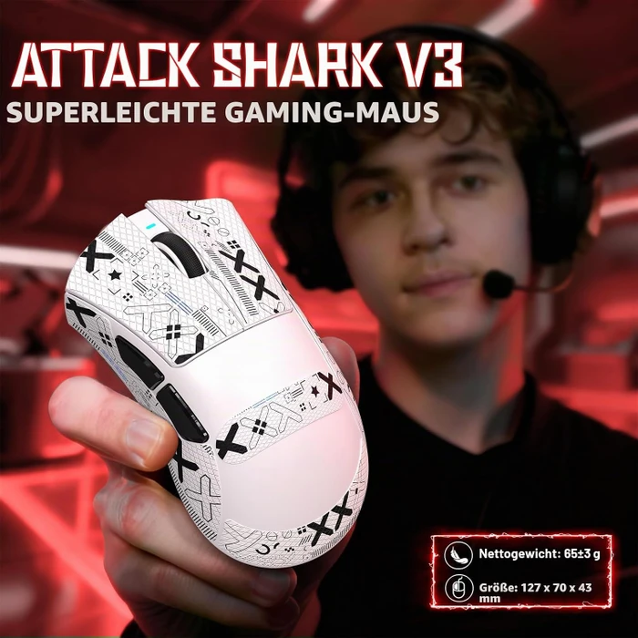Attack Shark V3 Tri-mode Wireless Gaming Mouse, weiß, inkl. Grip Tape, USB/Bluetooth