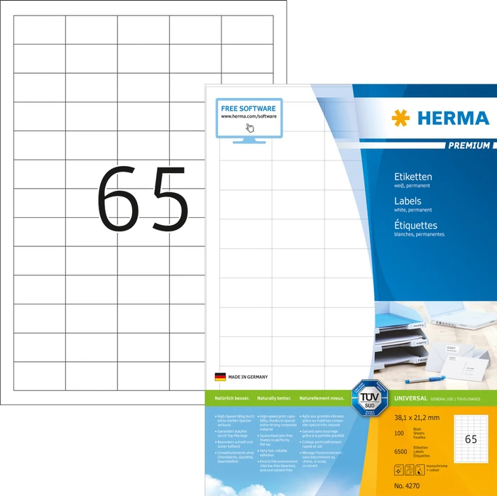 Herma Etiketten Premium, 38.1x21.2mm, weiß, matt, 100 Blatt (6500 Etiketten) (4270)