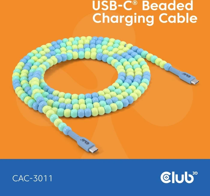Club 3D USB-C Perlenkabel, 480Mb/s, 60W PD, USB-C 2.0 Stecker auf USB-C 2.0 Stecker, 2m, blau
