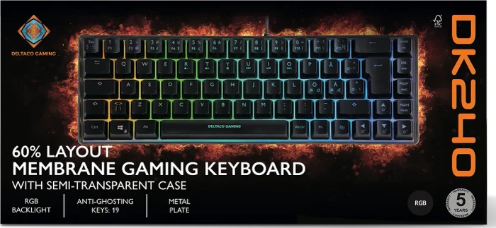 Deltaco Gaming DK240 Mini, 60%, schwarz, LEDs RGB, semi-transparent, USB, DE