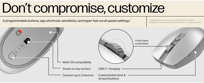 HP 710 Rechargeable Silent Mouse silber, USB/Bluetooth