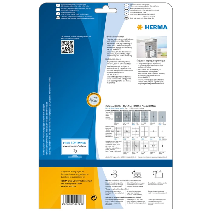 Herma Typenschildetiketten Special, 25x10mm, wetterfest, silber, matt, 25 Blatt (4725 Etiketten)