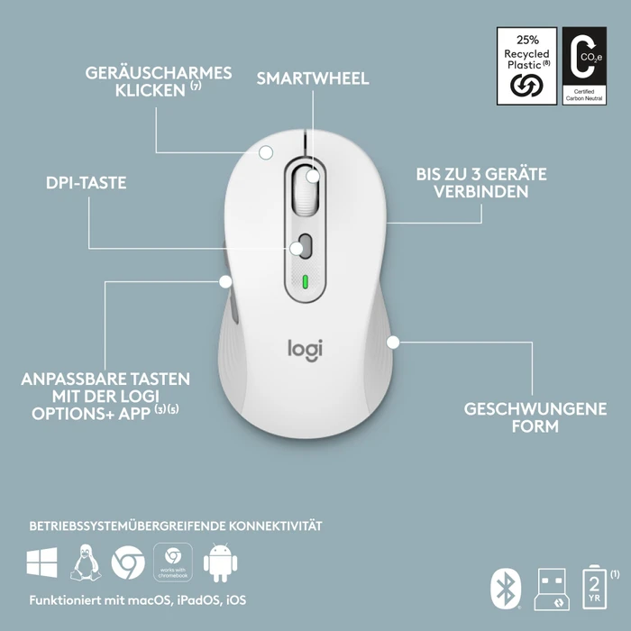 Logitech MK950 Signature Slim Combo Off-White, Logi Bolt, USB/Bluetooth, DE