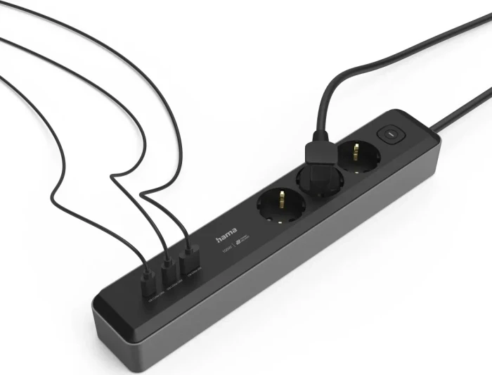 Hama Steckdosenleiste mit Schalter, 3-fach, 1x USB-A/2x USB-C 65W USB-PD, 1.4m, schwarz/grau
