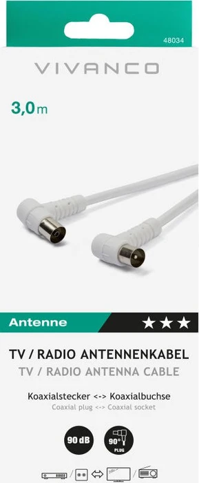 Vivanco TV/Radio Antennenkabel, 2x F-Stecker 90° gewinkelt, 90dB, weiß, 3m