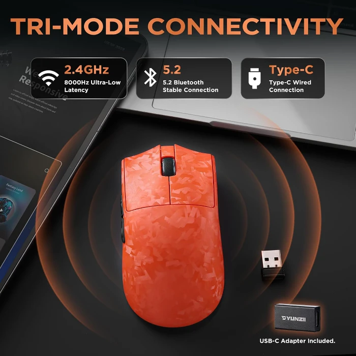 Yunzii M2 Dual 8K Custom Wireless Gaming Maus, orange, USB/Bluetooth