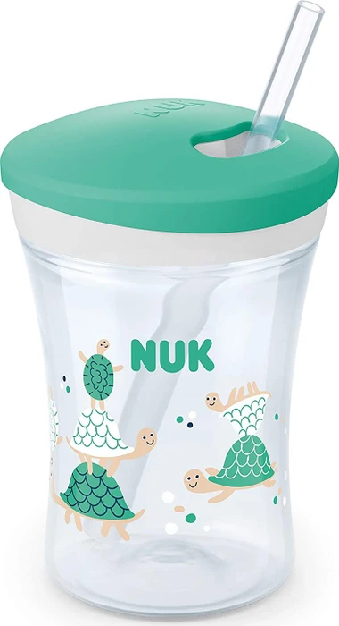 NUK Action Cup Trinklerntasse mit Trinkhalm, 12+M, 230ml, schildkröte grün