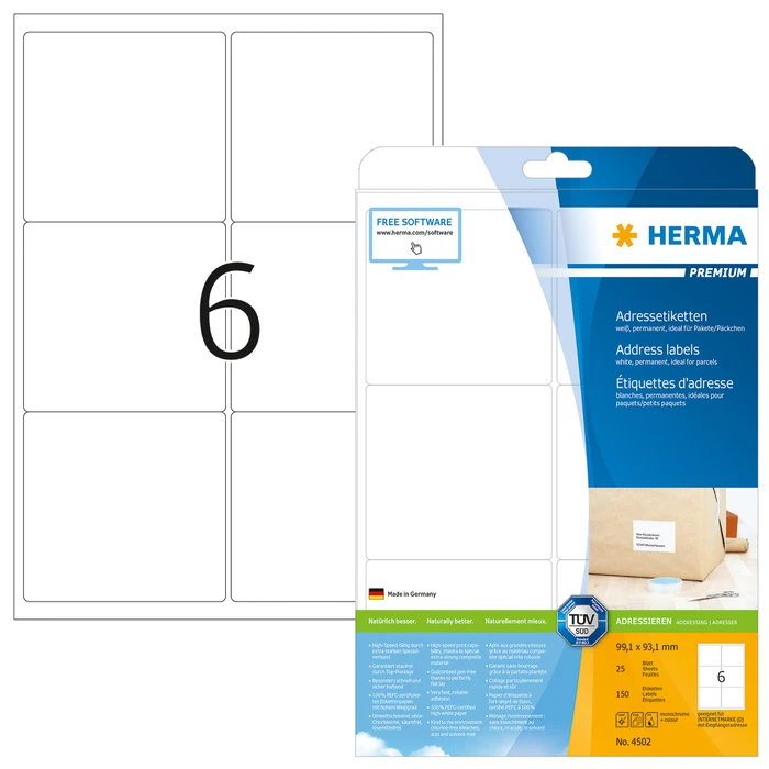 Herma Etiketten Premium, 99.1x93.1mm, weiß, matt, 25 Blatt (150 Etiketten)