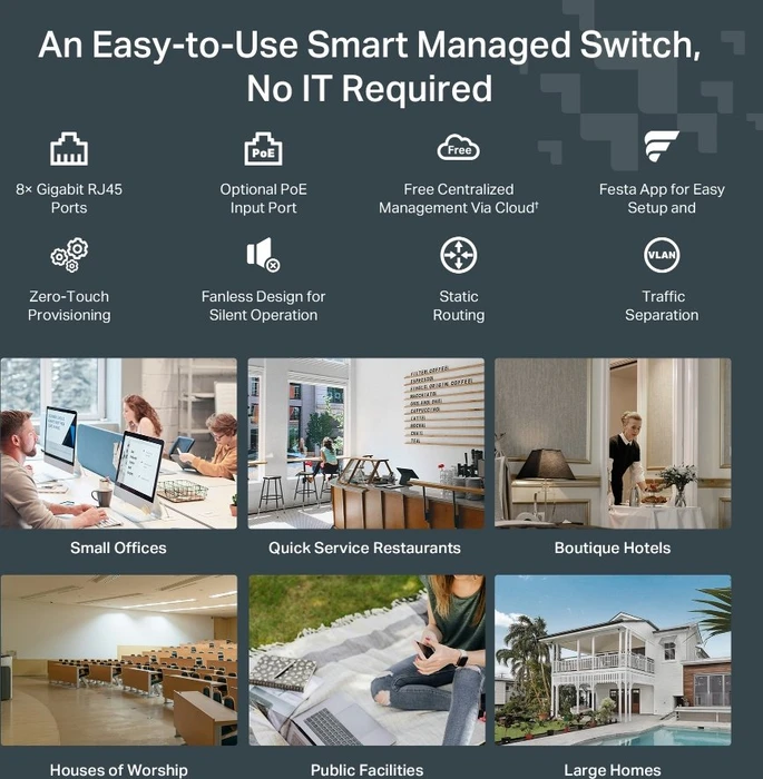 TP-Link Festa FS300 Desktop Gigabit Smart Switch, 8x RJ-45, PoE+ PD