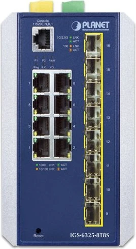 Planet IGS-6325 Industrial Railmount 2.5G Managed Switch, 8x RJ-45, 8x SFP