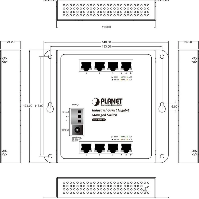 Planet WGS-4215-8T Industrial Wallmount Gigabit Managed Switch, 8x RJ-45