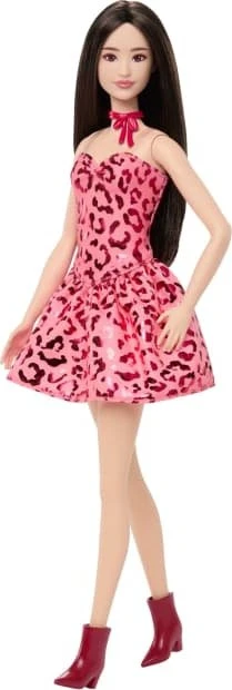 Mattel Barbie - Fashionistas Barbie in einem rosa Kleid mit Leopardenmuster und schwarzem Haar
