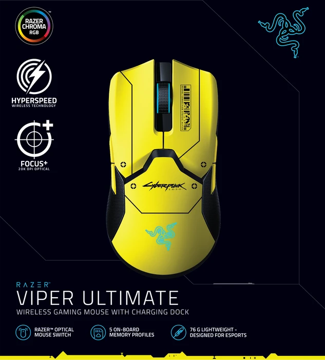 Razer Viper Ultimate mit Ladestation, Cyberpunk 2077 Edition, USB