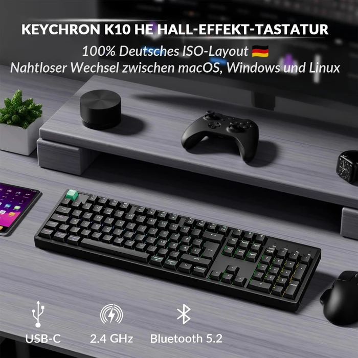 Keychron K10 HE Wireless, schwarz, LEDs RGB, Gateron 2.0 Magnetic Nebula, USB/Bluetooth, DE