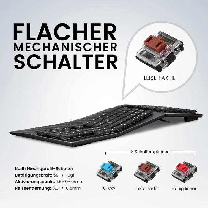 Perixx Periboard-535 Ergo, schwarz, Kailh Choc LOW PROFILE BROWN, USB, DE