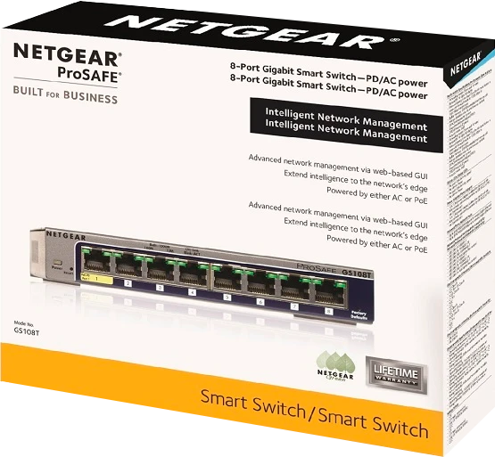 Netgear ProSAFE GS100 Desktop Gigabit Smart Switch, 8x RJ-45, PoE PD