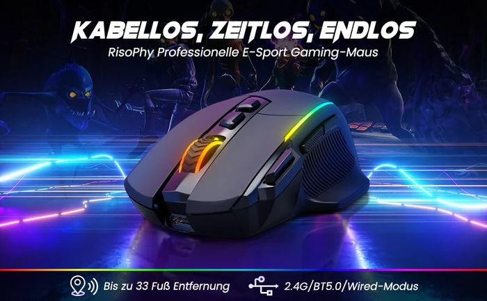 RisoPhy Wireless Gaming Mouse, schwarz, USB/Bluetooth