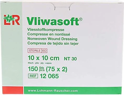 Lohmann & Rauscher Vliwasoft Vlieskompressen 4-lagig steril, 10 x 10cm, 150 Stück (75x 2 Stück)