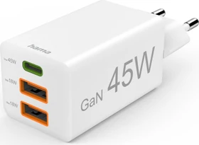 Hama GaN Schnellladegerät, USB-C/USB-A, 1x USB-C + 2x USB-A, 45W, weiß