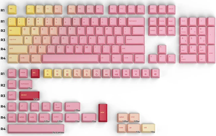 Glorious GPBT Keycaps, Kunststoff (PBT), Pink Grapefruit, rot/rosa/gelb, 143 Tasten (104+39), ANSI-US