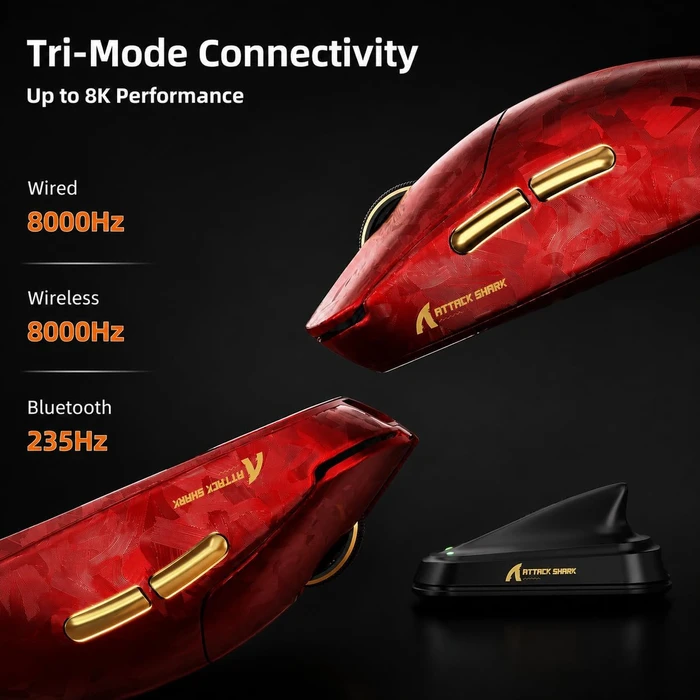 Attack Shark RS3 ULTRA Carbon Fiber 8KHz Wireless, Forged Red, inkl. Grip Tape & C06 Ultra LED Kabel, USB/Bluetooth