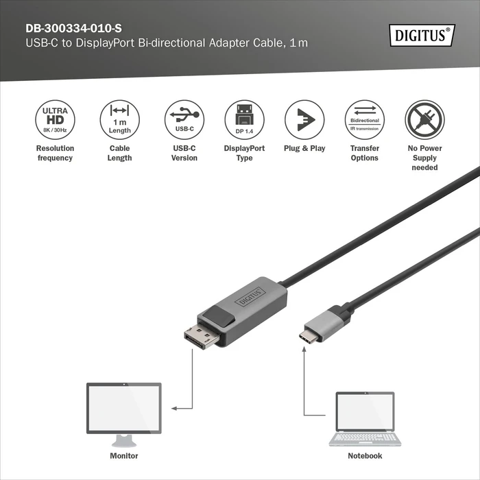 Digitus USB-C [Stecker] auf DisplayPort 1.4 [Stecker] 8K 30Hz Adapterkabel, 1m