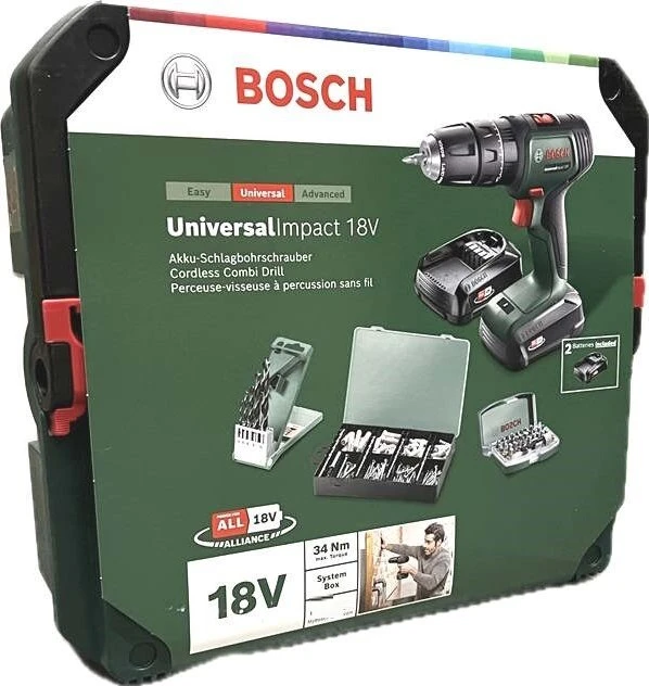 Bosch DIY UniversalImpact 18V Systembox Akku-Schlagbohrschrauber inkl. Koffer + 2 Akkus 1.5/2.5Ah + Zubehör
