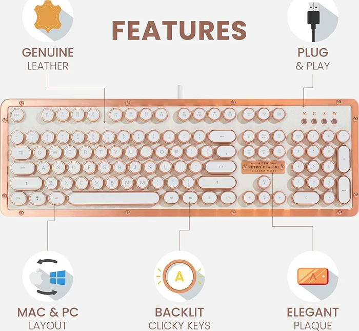 Azio Retro Classic, Posh, weiß/kupfer, Kailh Typelit, USB, US