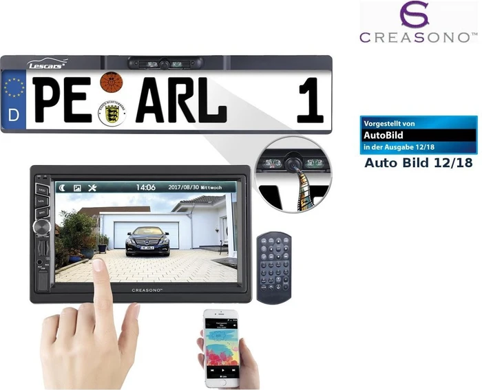 Creasono 2-DIN-MP3-Autoradio mit Touchdisplay und Funk-Rückfahr-Kamera