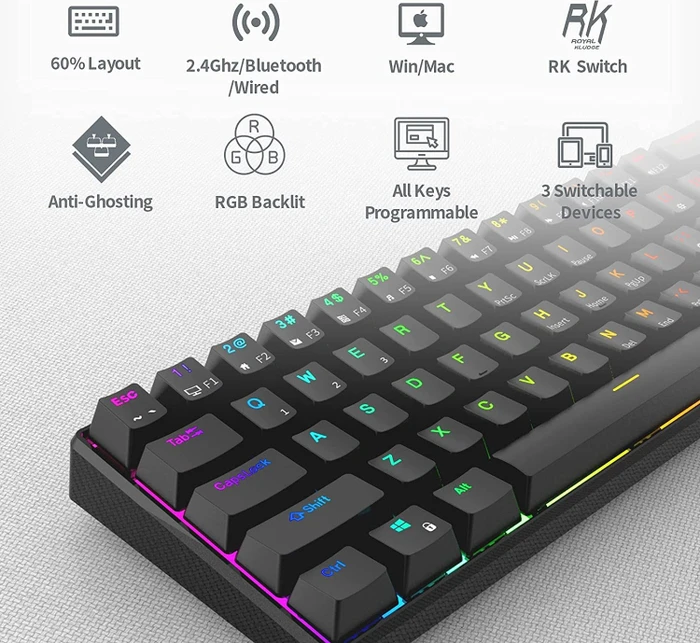 RK Royal Kludge RK61 60% Wireless, schwarz, LEDs RGB, hot-swap, RK RED, USB/Bluetooth, US