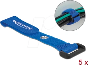 DeLOCK Klett-Kabelbinder mit Schlaufe und Befestigungsöse, 20mm, 150mm, blau, 5 Stück