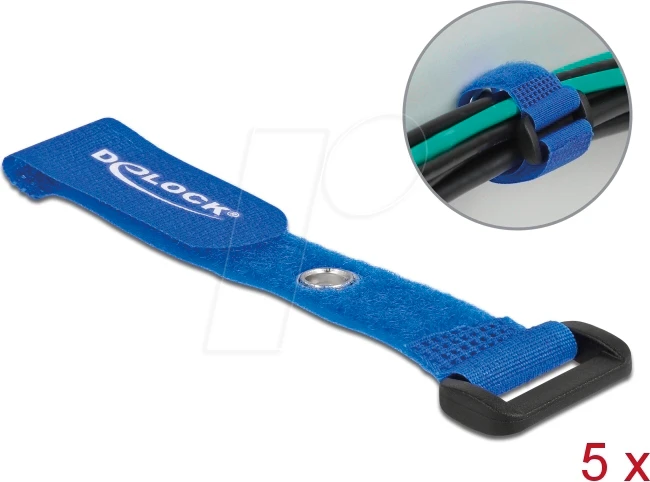 DeLOCK Klett-Kabelbinder mit Schlaufe und Befestigungsöse, 20mm, 150mm, blau, 5 Stück