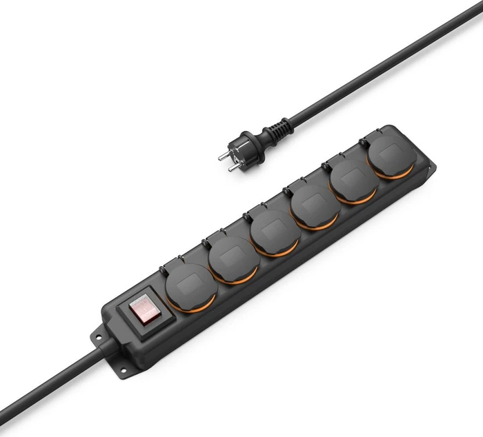 Hama Steckdosenleiste mit Schalter, 6-fach, IP44, Wandmontage, 2m, schwarz