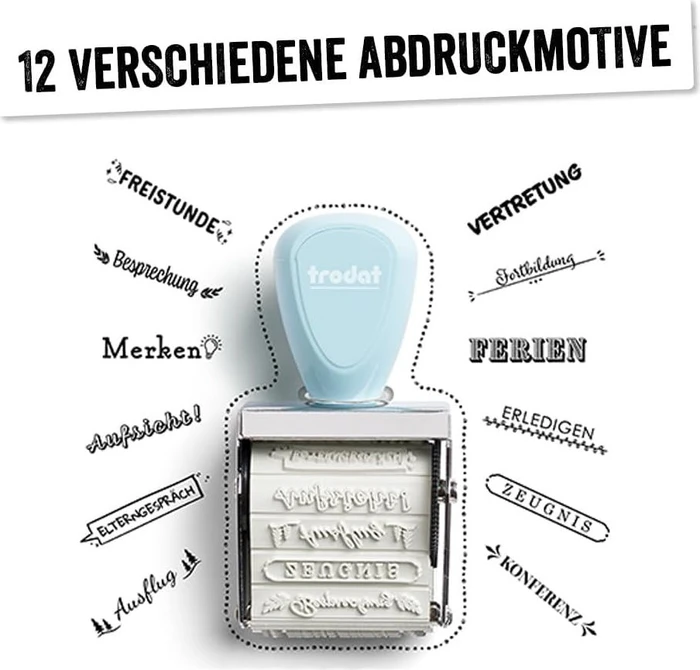 trodat Creative Mini Handstempel mit 12 Abdrucken "Schulplaner" inkl. 3-farbigem Kissen, 30x5mm, pastell blau, 2er-Set