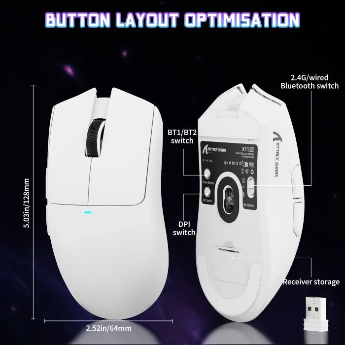 Attack Shark X11SE Wireless Gaming Mouse weiß, USB/Bluetooth