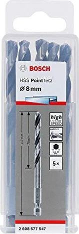 Bosch Professional HSS PointTeQ Spiralbohrer, 8x75x117mm, 5 Stück