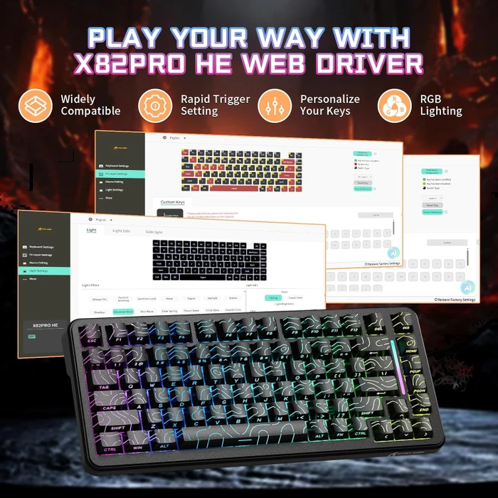 Attack Shark X82PRO HE Magnetic 75%, schwarz mit Kontur, LEDs RGB, Outemu White Jade Magnetic, USB/Bluetooth, US