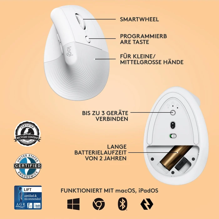 Logitech Lift Vertical Ergonomic Mouse, Off-White, Logi Bolt, USB/Bluetooth