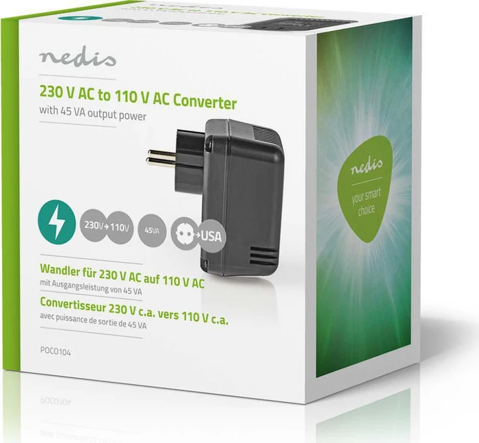 Nedis Umrichter 230V-110V, ungeerdete USA Buchse auf Schutzkontakt Stecker, 45W, schwarz