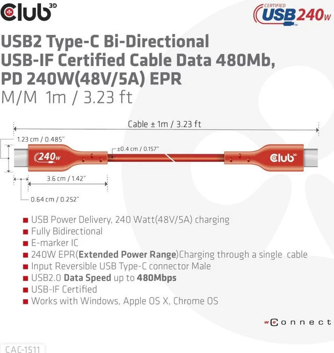 Club 3D USB-C 2.0 Kabel, 480Mb/s, 240W PD EPR, USB-C 2.0 Stecker auf USB-C 2.0 Stecker, 1m