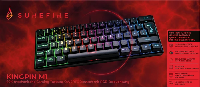 Verbatim SureFire KingPin M1 60% Gaming Keyboard, LEDs RGB, RED Switches, schwarz, USB, DE