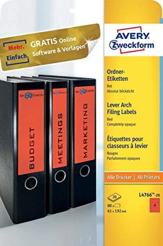 Avery-Zweckform Ordneretiketten, 192x61mm, rot, 20 Blatt (80 Etiketten)