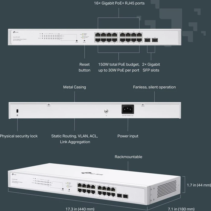 TP-Link Festa FS300 Rackmount Gigabit Smart Switch, 16x RJ-45, 2x SFP, 150W PoE+