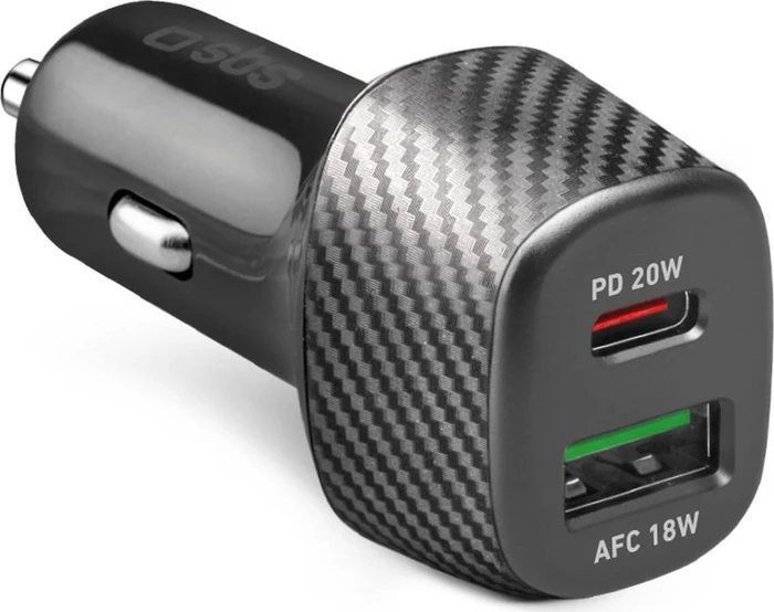 SBS Mobile Ultraschnelles Autoladegerät 1x USB-C 20W und 1x USB 18W Anschluss schwarz