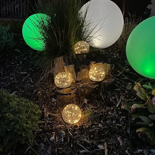 Haushalt International LED Solar Crackle Glaskugel mit Erdspieß schwarz LED 20x warmweiß, 4 Stück