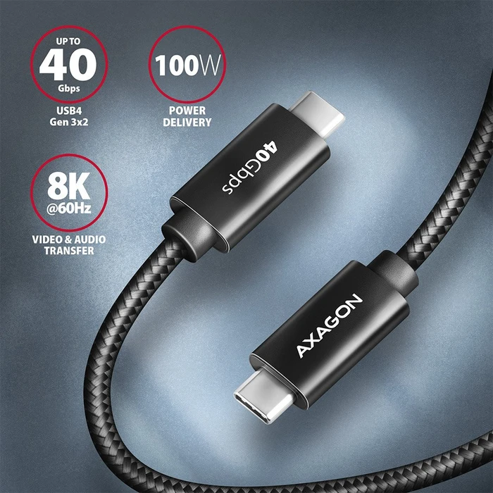 Axagon USB-C Kabel, USB4 Gen3x2, 40Gb/s, 8K60Hz, 100W PD, USB-C [Stecker] auf USB-C [Stecker], 1m