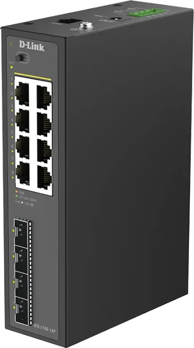 D-Link DIS-210G-12P Industrial Railmount Gigabit Smart Switch, 8x RJ-45, 4x SFP, 240W PoE+