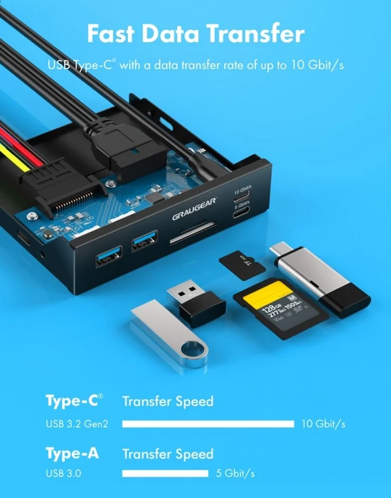 Graugear G-MP01CR, Multi Frontblende mit USB Hub und Kartenleser, USB 3.0 19-Pin Stecksockel, USB 3.1 20-Pin Key-A Stecksockel [Stecker]