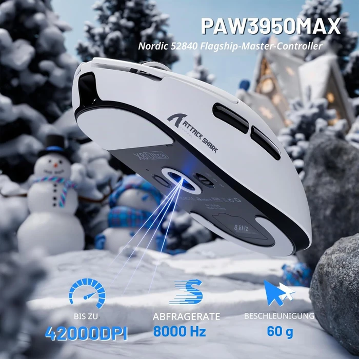 Attack Shark X8 Ultra 8KHz Tri-mode Wireless Gaming Mouse, weiß, inkl. Grip Tape, USB/Bluetooth